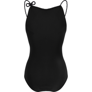 Hochgeschlossener Tresses Badeanzug mit Schnüren für Damen Schwarz Rückansicht