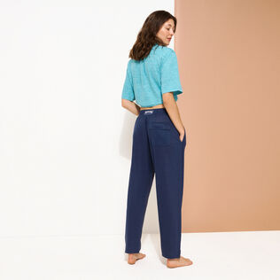 Pantalón unisex de lino de color liso Azul marino detalles vista 4