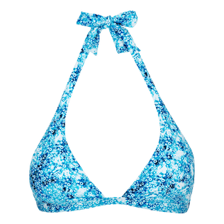 Top de bikini anudado al cuello con estampado Flowers Tie & Dye para mujer Azul marino vista frontal