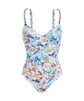 Women One-piece Swimsuit Happy Flowers White front view