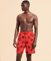 Men Swim Trunks Ronde Des Tortues Flocked Poppy red front worn view