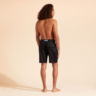 Unisex Linen Bermuda Shorts Solid Black back worn view
