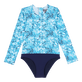 Girls One-Piece Zipped Rashguard Flowers Tie & Dye Navy front view
