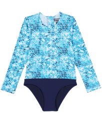 Niñas Fitted Estampado - Girls One-Piece Zipped Rashguard Flowers Tie & Dye, Azul marino vista frontal