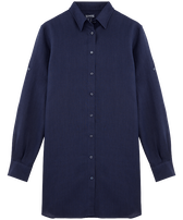 Women Linen Shirt Dress Solid Navy front view