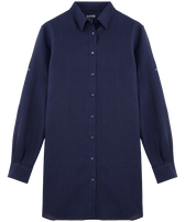 Vestido camisero de lino de color liso para mujer Azul marino vista frontal