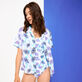 Women Linen Short Sleeves Shirt Flash Flowers Purple blue front worn view