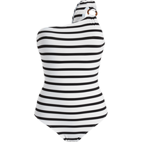 Women Asymmetric One-piece Rayures Black/white Vorderansicht