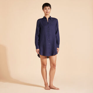 Camisa larga de lino Azul marino vista frontal desgastada