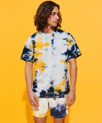 Camiseta en algodón orgánico con estampado Tie & Dye para hombre Azul marino vista frontal desgastada