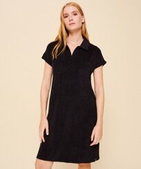 Women Terry Polo Dress Solid Black front worn view