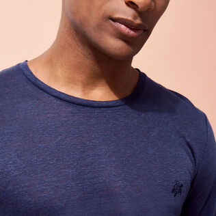 Unisex Linen Long Sleeves T-shirt Solid Navy details view 1