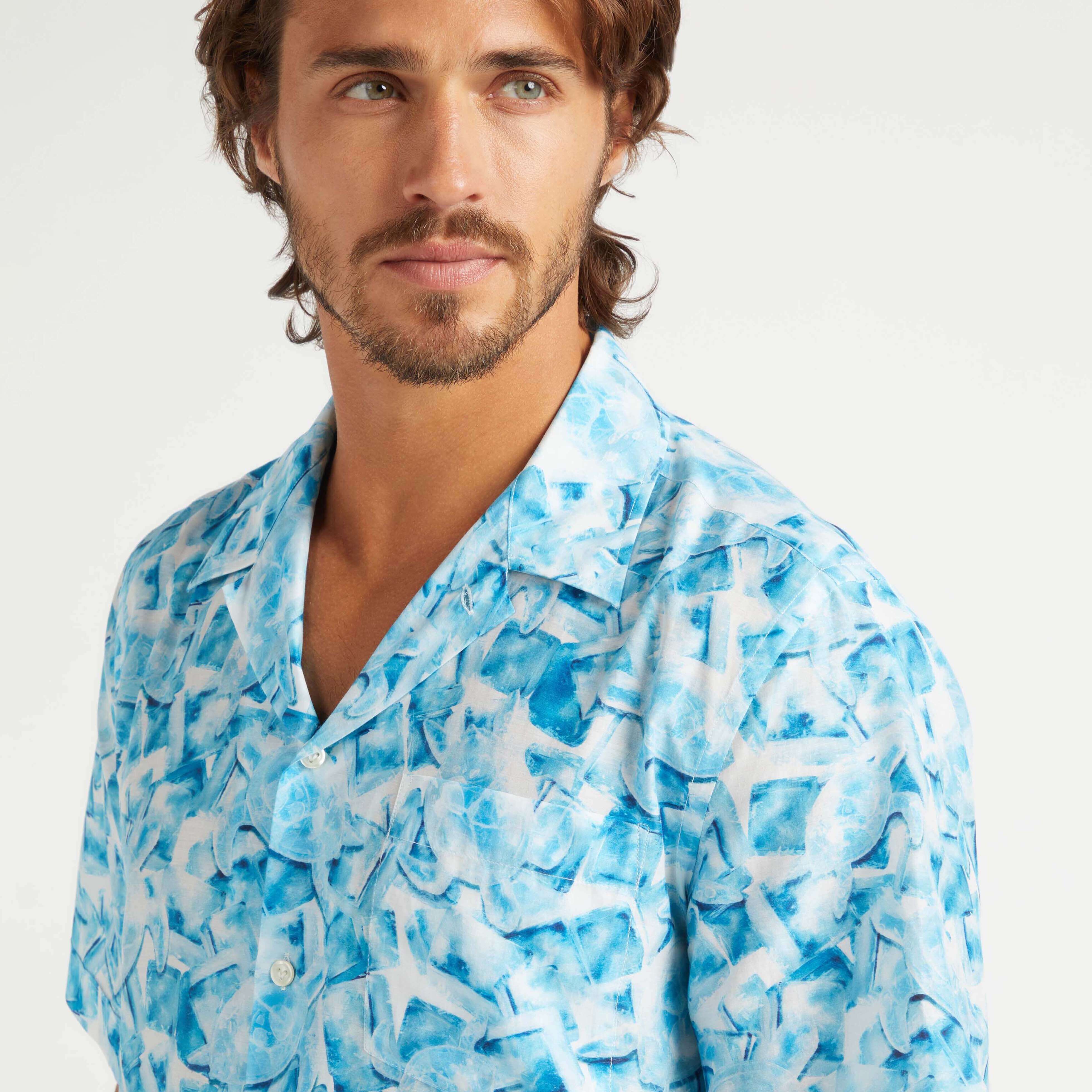 Camisa de bolos en seda y algodon con estampado Iced Turtles para hombre