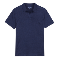 Men Linen Jersey Polo Shirt Solid Navy front view