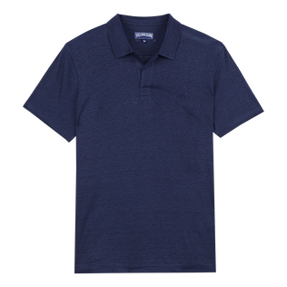 男士纯色亚麻运动 Polo 衫 Navy 正面图