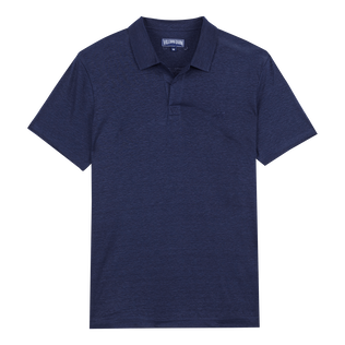 Men Linen Jersey Polo Shirt Solid Navy front view