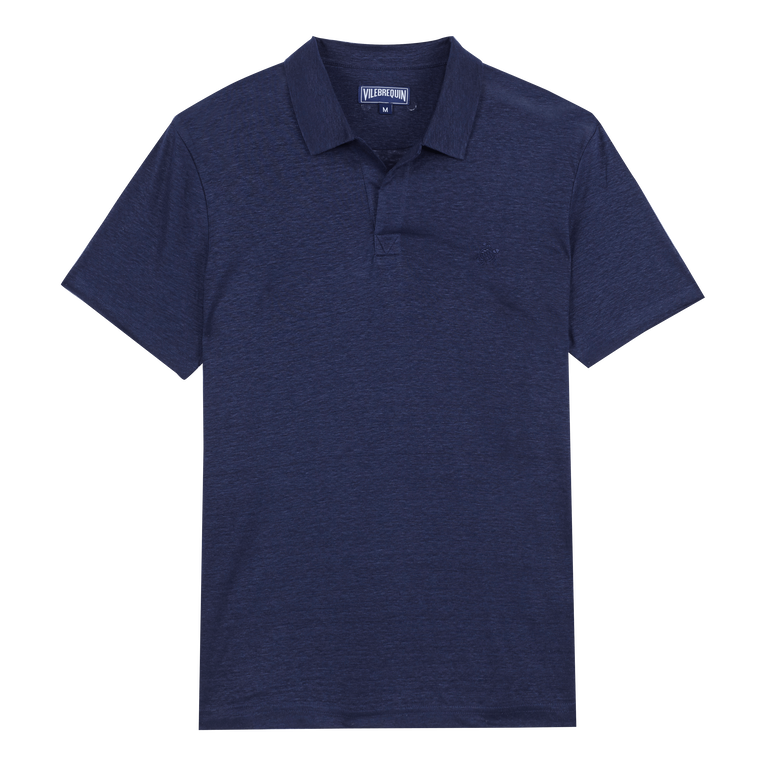 Men Linen Jersey Polo Shirt Solid - Pyramid - Blue - Size M - Vilebrequin