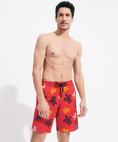 Men Long Swim Shorts Ronde des Tortues Multicolores Poppy red front worn view