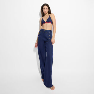 Solid Leinenhose für Damen – Vilebrequin x Ines de la Fressange Marineblau Vorderseite getragene Ansicht