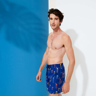 Men Classic Embroidered - Men Swimwear Embroidered Giaco Elephant - Limited Edition, Batik blue front worn view
