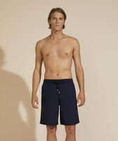 Men Long Swim Trunks Solid Navy front worn view