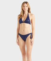 Braguita de bikini con tiras laterales de atar y purpurina en relieve para mujer Azul marino vista frontal desgastada
