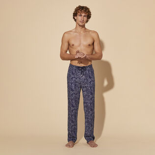 Pantalon en lin imprimé Poulpes Bicolores Bleu marine vue portée de face