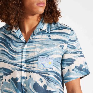 Men Linen Bowling Shirt Wave - Vilebrequin x Maison Kitsuné Blue details view 2