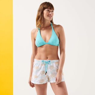 Iridescent Flowers of Joy Badeshorts mit Stickerei für Damen Weiss Vorderseite getragene Ansicht
