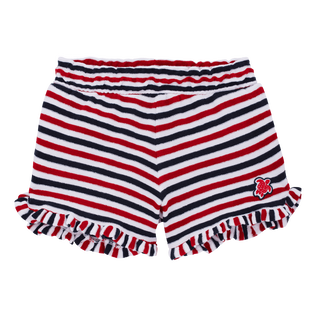 Shorts bambina in spugna a righe Bianco marine/rosso vista frontale