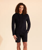 Men Terry Long-sleeves Hooded T-shirt Black front worn view