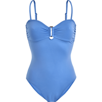 Women One-piece Swimsuit Solid Jeans blue front view