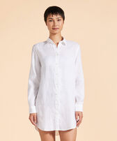 Women Long Linen Shirt Solid White front worn view
