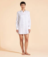 Women Long Linen Shirt Solid White front worn view