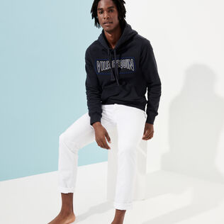 Men Cotton Hoodie Sweatshirt Solid Navy details view 3