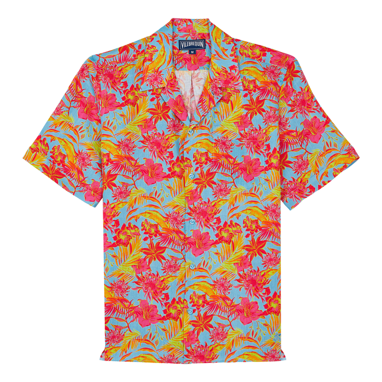 Men Bowling Linen Shirt Tahiti Flowers - Charli - Blue - Size M - Vilebrequin