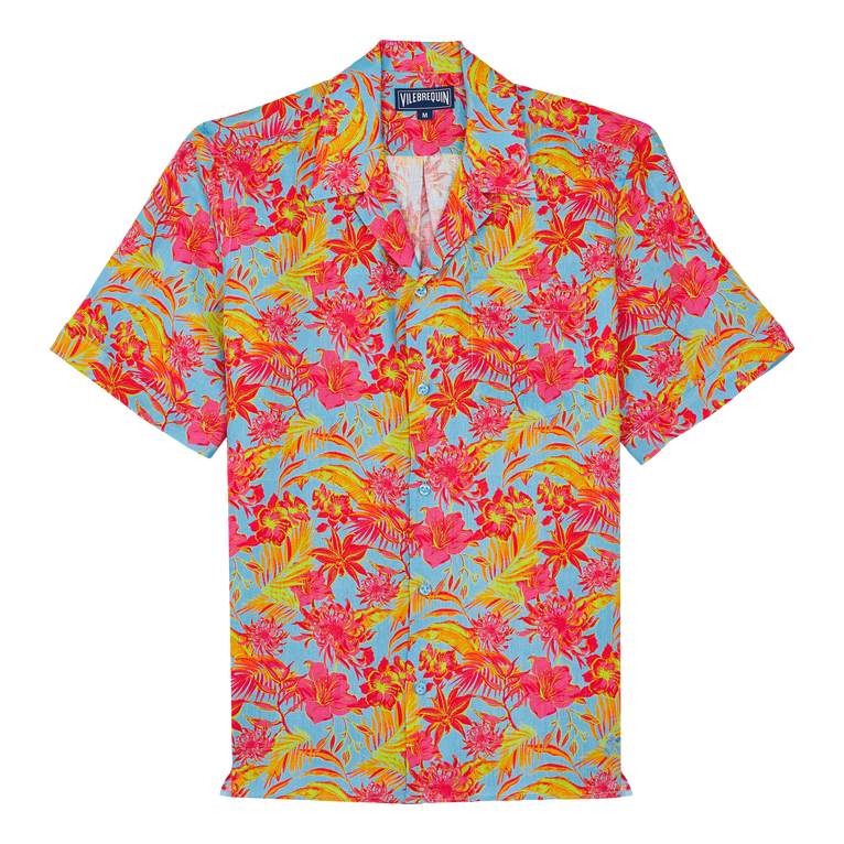Men Bowling Linen Shirt Tahiti Flowers - Charli - Blue