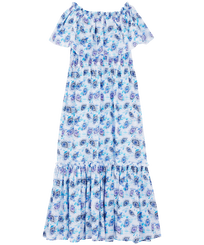 Damen Andere Bedruckt - Langes, schulterfreies Flash Flowers Kleid aus Baumwolle für Damen, Purple blue Vorderansicht