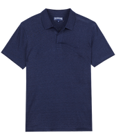 Men Linen Jersey Polo Shirt Solid Navy front view