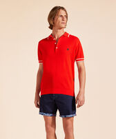 Men Knit Cotton Polo Solid Poppy red front worn view