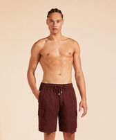 Men Linen Bermuda Shorts Cargo Pockets Mahogany front worn view