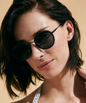 White Tulipwood Wood Women and Men Black Sunglasses - VBQ x Shelter Black front worn view