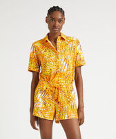 Polo donna in spugna Palm Leaves Mango vista frontale indossata