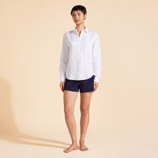 Women Long Sleeves Linen Shirt Solid White details view 1