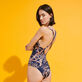 Women One-piece Swimsuit Sweet Blossom Navy back worn view