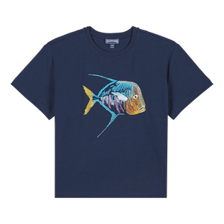 Camiseta de algodón orgánico con estampado Piranhas para niño Azul marino vista frontal