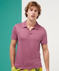 Men Linen Jersey Polo Shirt Solid Murasaki front worn view