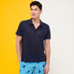 Men Linen Jersey Polo Solid Navy front worn view