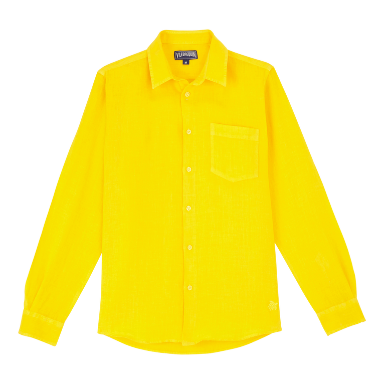 Men Linen Shirt Solid - Caroubis - Yellow - Size M - Vilebrequin