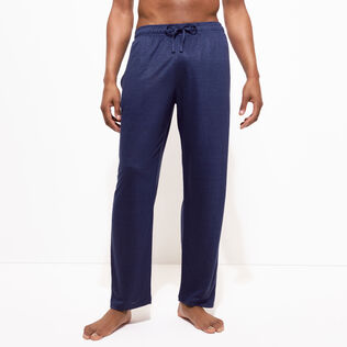 Pantalón unisex de lino de color liso Azul marino detalles vista 1
